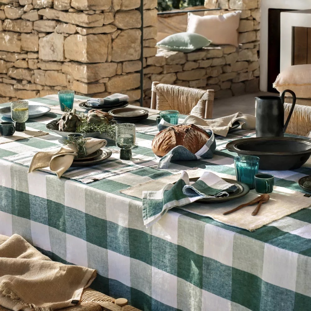 HAOMY HARMONY Palma European Flax Linen Tablecloth 63x98” Green White Gingham